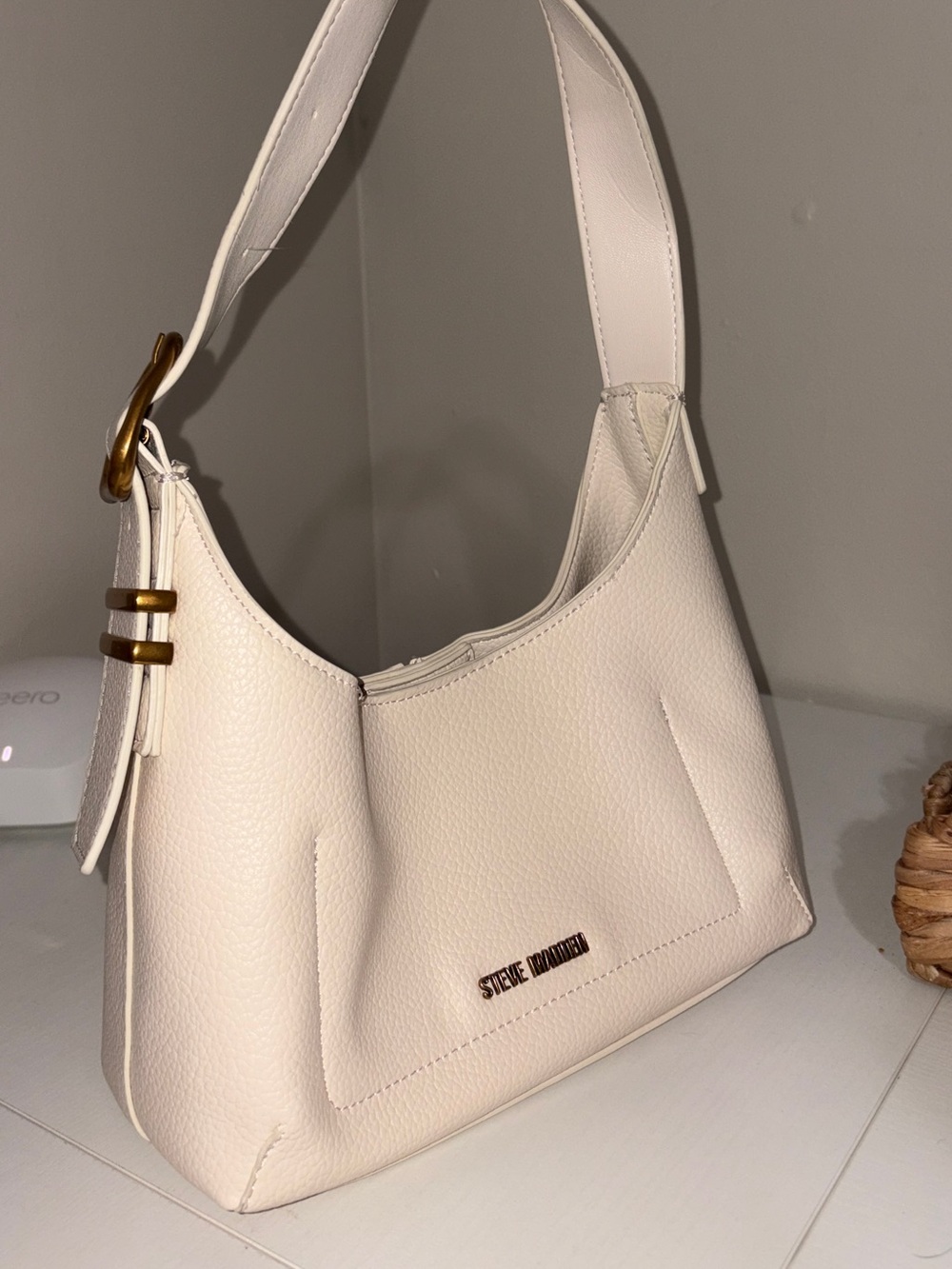 Steve Madden Cream Pebbled Shoulder Bag with Faux Gold Hardware